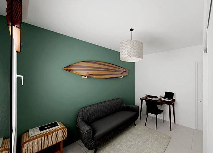 Bureau avec canapé et planche de surf