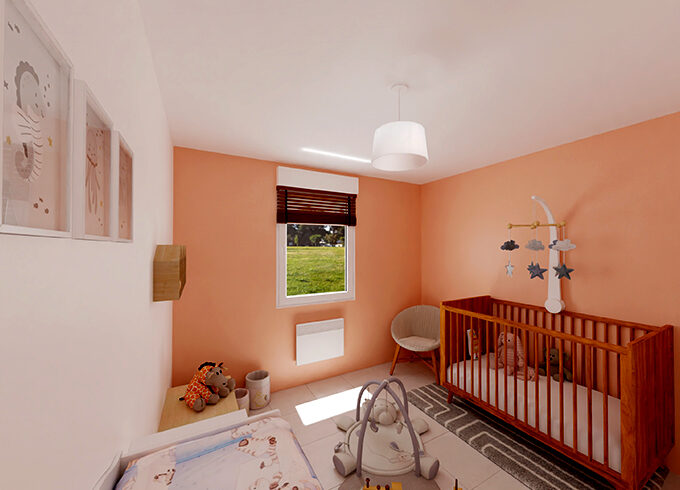 Chambre d'enfant avec décoration pastelle et un lit à barreaux