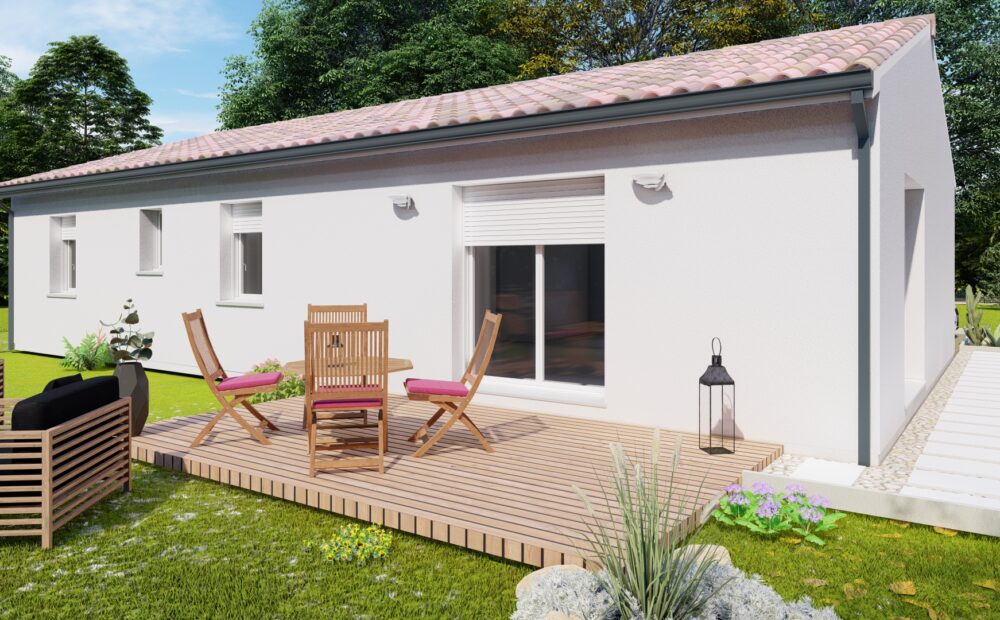 Maison de plain pied avec terrasse en bois et salon de jardin