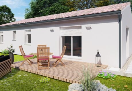 Maison de plain pied avec terrasse en bois et salon de jardin
