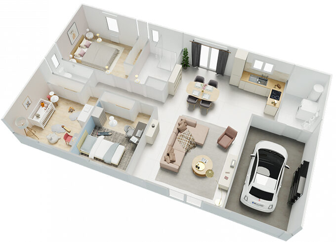 Plan d'une maison 3 chambres avec garage