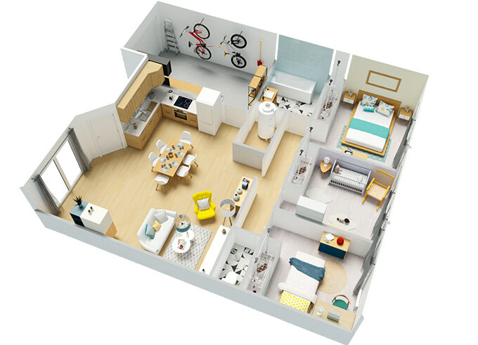 Plan d'une maison 3 chambres avec un garage