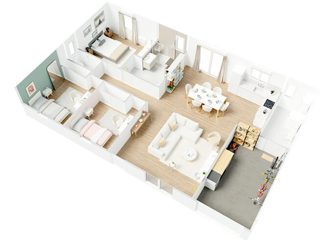 Plan d'une maison PMR avec 3 chambres et un garage
