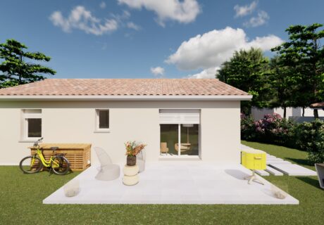 Maison de plain pied avec terrasse en béton et salon de jardin